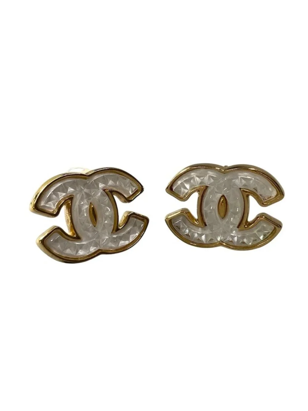 Chanel H2 CC Logo Earrings Gold White